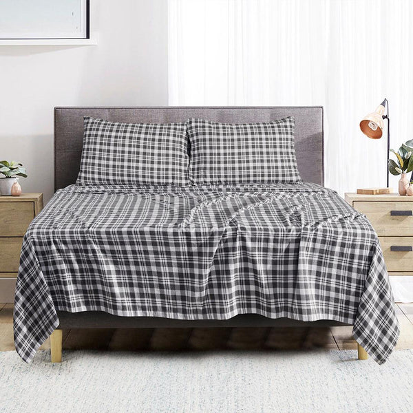 Double Brushed Flannelette SheetsSet With Extra Deep Pocket - Grey Plaid | 100% Cotton