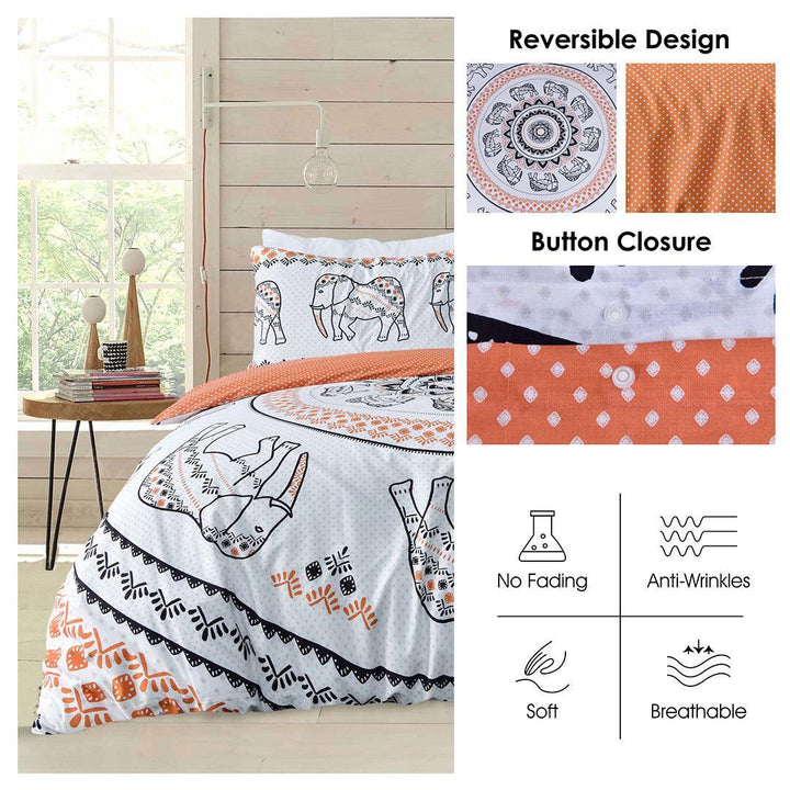 3 Piece  Quilt Cover Set - Tribal Elephant Panel Rust - Bedroom, coverlets, Latest, Quilt Cover