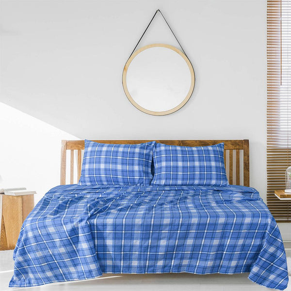 Double Brushed Flannelette Sheets Set With Extra Deep Pocket - Dark Blue Plaid | 100% Cotton